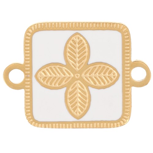 16x11mm Stainless steel 316L Square spacer - flower - epoxy resin Gold - White x1