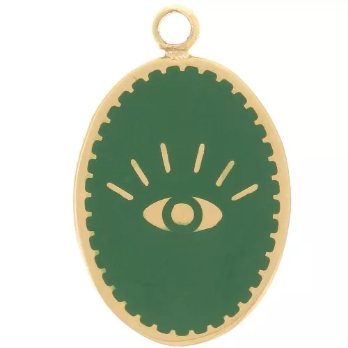 17x11mm Stainless Steel 316L Eye Oval Charm - Gold Tone - Green x1