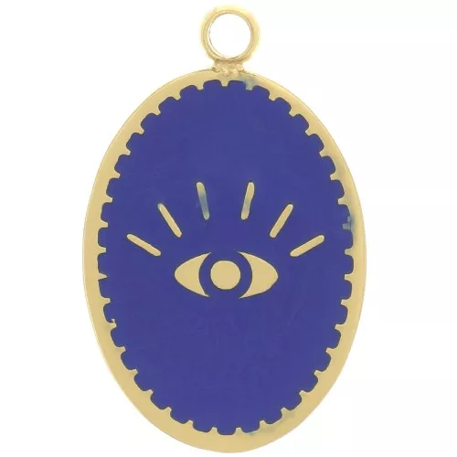 Oval Charm 17x11 mm - Eye Pattern - 304L Gold Stainless Steel - Dark Blue x1