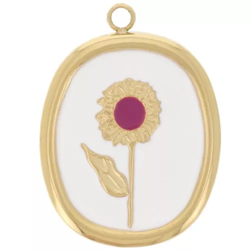 Oval pendant 20x15 mm - flower pattern - 304 Stainless steel Gilded - White - Plum