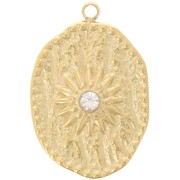 Irregular-shaped pendant, 23x15 mm, sun pattern & CZ - Gold-plated 304L stainless steel - Crystal