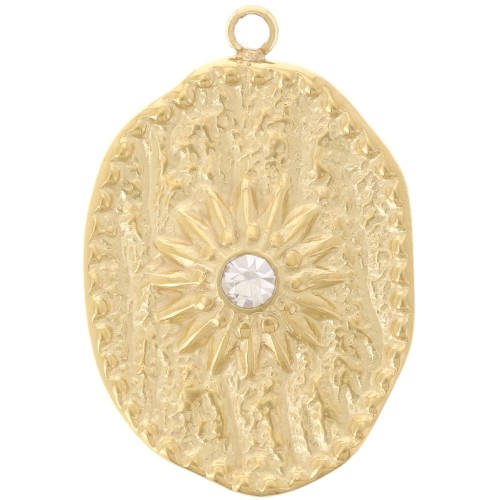 Irregular-shaped pendant, 23x15 mm, sun pattern & CZ - Gold-plated 304L stainless steel - Crystal