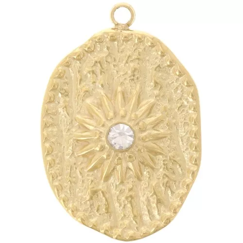 Irregular-shaped pendant, 23x15 mm, sun pattern & CZ - Gold-plated 304L stainless steel - Crystal