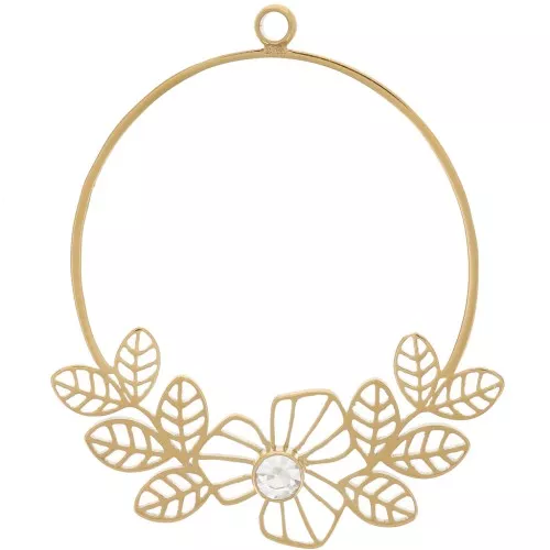 23mm St. Steel 316L Pendant with Flowers & Zirconium Oxide - GOLD - Crystal x1