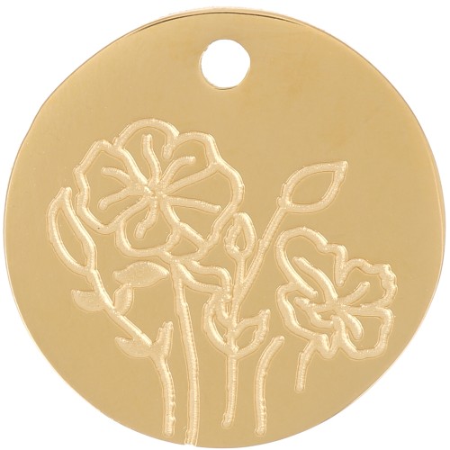 15mm Stainless Steel 316L Birth Flower Pendant - August - Poppy - GOLD x1