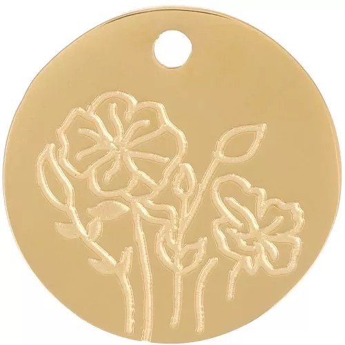 15mm Stainless Steel 316L Birth Flower Pendant - August - Poppy - GOLD x1