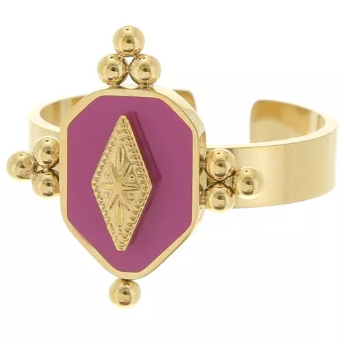 Stainless steel 316L Ethnic fancy ring with resin - adjustable - Gold - Fuchsia x1