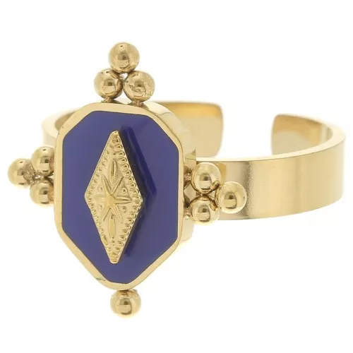 Stainless steel 316L Ethnic fancy ring with resin - adjustable - Gold - Blue x1