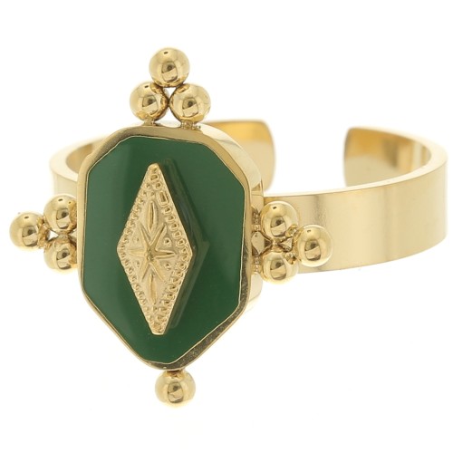 Stainless steel 316L Ethnic fancy ring with resin - adjustable - Gold - Green x1