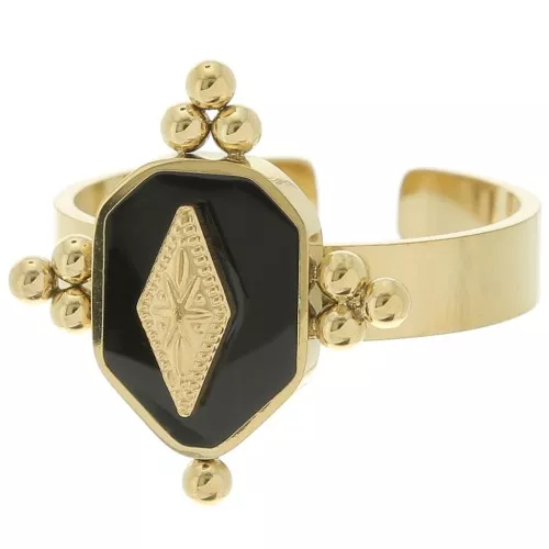 Stainless steel 316L Ethnic fancy ring with resin - adjustable - Gold - Black x1