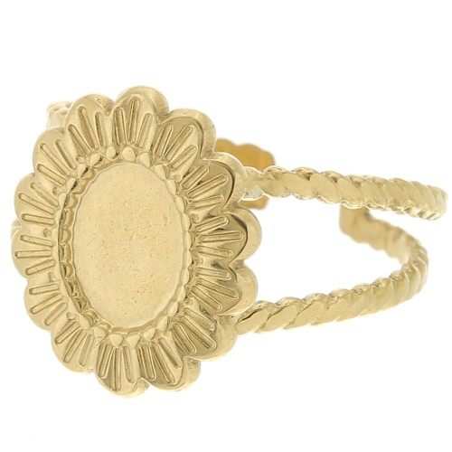 Adjustable braided-effect flower ring T52 to T58 cabochon 8x6mm - 304 Gold stainless steel