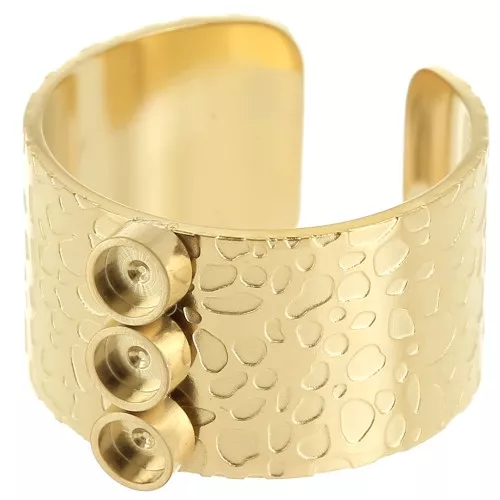 St. steel 316L Wide adjustable hammered ring S.53 to S.59 for 3mm cabochons x1