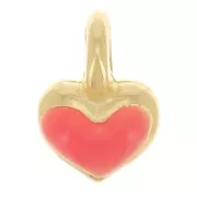 7x5mm Mini heart charm in epoxy resin - Gold plated - Neon Coral x1