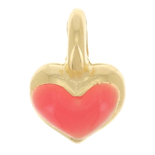 7x5mm Mini heart charm in epoxy resin - Gold plated - Neon Coral x1