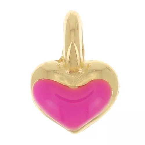 7x5mm Mini heart charm in epoxy resin - Gold plated - Neon Pink x1