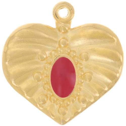 26mm pleated effect heart pendant with epoxy resin - Fine Gold plated - Red x1