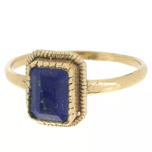 Lapis lazuli Rectangle Ring - Serrated Edge - Size 54 - Fine Gold Plated x1