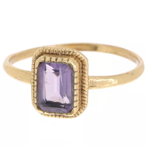 Amethyst Rectangle Ring - Serrated Edge - Size 54 - Fine Gold Plated x1