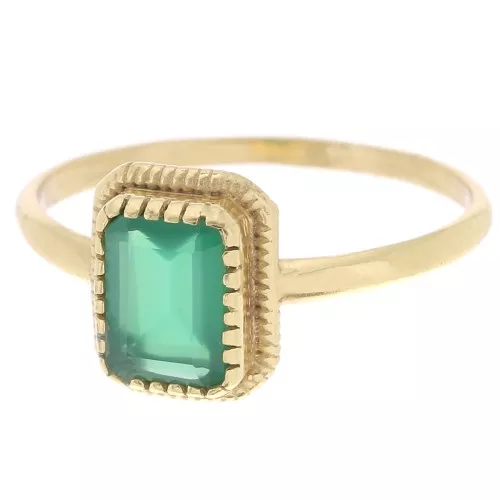Dyed Green Onyx Rectangle Ring - Serrated Edge - Size 57 - Fine Gold Plated x1