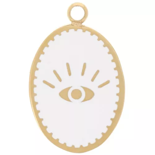 Oval Charm 17x11 mm - Eye Pattern - 304L Gold Stainless Steel - White x1