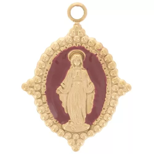 Oval pendant 19x14 mm - Virgin motif - 304L gold-plated stainless steel - Bordeaux x1