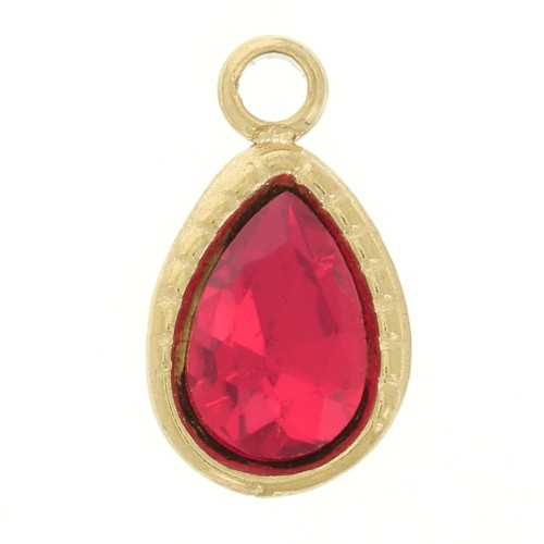 10x6mm 316L Stainless Steel Mini Drop Charm with faceted glas - Gold Tone - Red x1