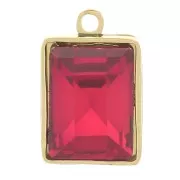 11x7 mm 316L Stainless Steel Rectangle Charm with facet glass - Gold Tone - Red x1