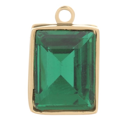 11x7 mm 316L Stainless Steel Rectangle Charm with facet glass Gold Tone - Emerald