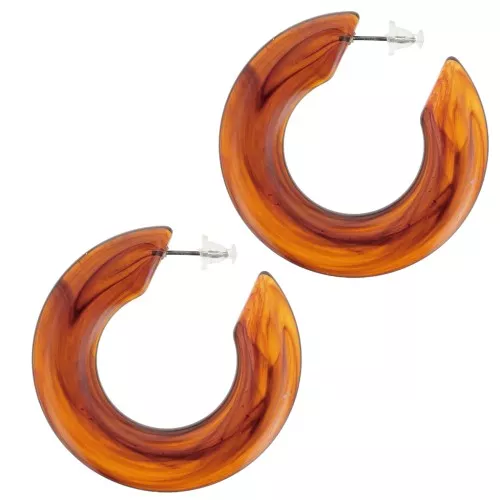 47mm Flat hoop earrings in opaque resin - Dark marbled amber x2