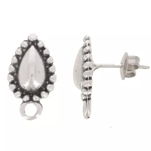 18x10mm textured drop earStuds with closed ring - Antique Silver Tone x2