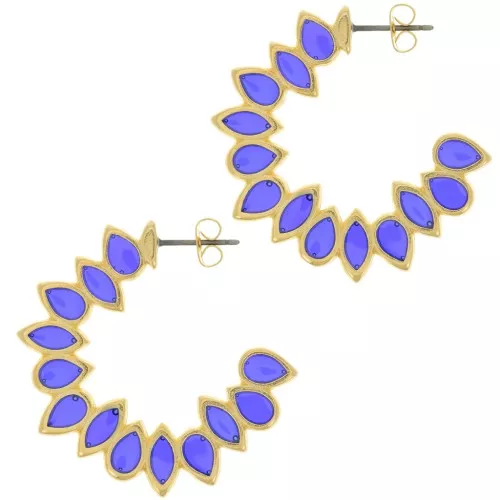 35mm vitrail epoxy resin leaves hoop earrings - Fine Gold plated - cobalt Blue x2