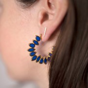 35mm vitrail epoxy resin leaves hoop earrings - Fine Gold plated - cobalt Blue x2