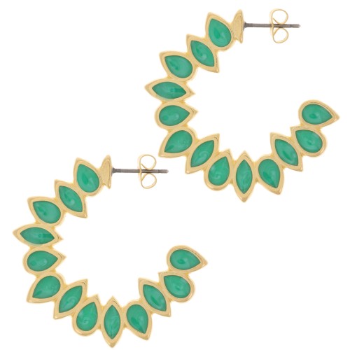 35mm vitrail epoxy resin leaves hoop earrings - Fine Gold plated - Green x2