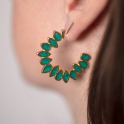 35mm vitrail epoxy resin leaves hoop earrings - Fine Gold plated - Green x2