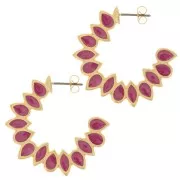 35mm vitrail epoxy resin leaves hoop earrings - Fine Gold plated - Plum x2