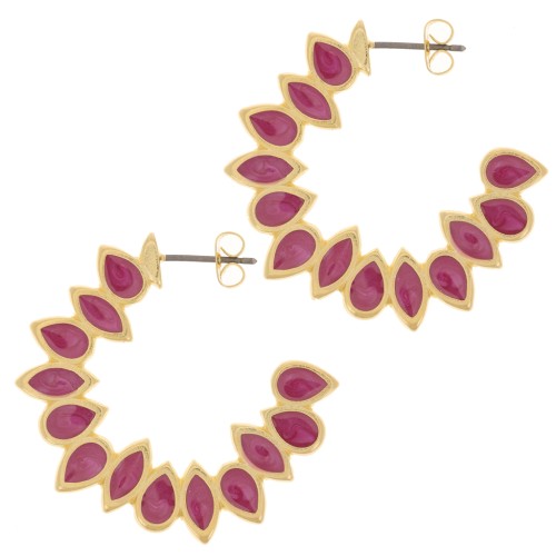 35mm vitrail epoxy resin leaves hoop earrings - Fine Gold plated - Plum x2