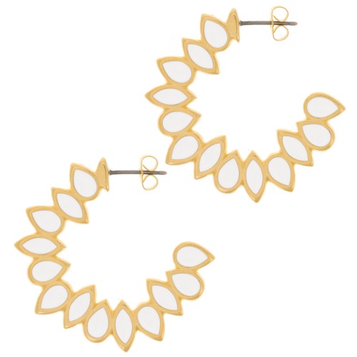 35mm vitrail epoxy resin leaves hoop earrings - Fine Gold plated - White x2