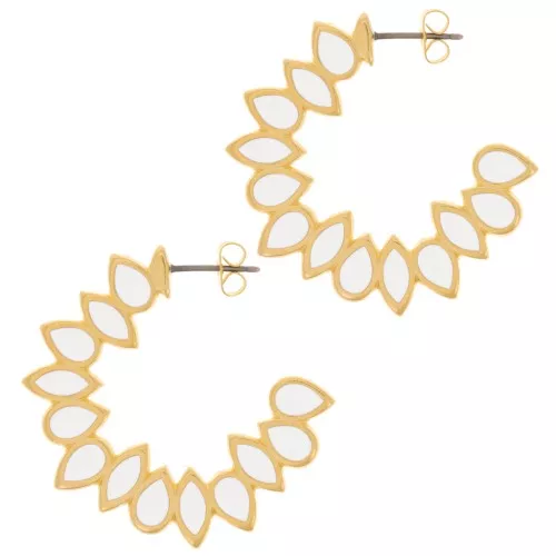 35mm vitrail epoxy resin leaves hoop earrings - Fine Gold plated - White x2