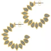 35mm vitrail epoxy resin leaves hoop earrings - Fine Gold plated - Black x2