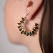 35mm vitrail epoxy resin leaves hoop earrings - Fine Gold plated - Black x2