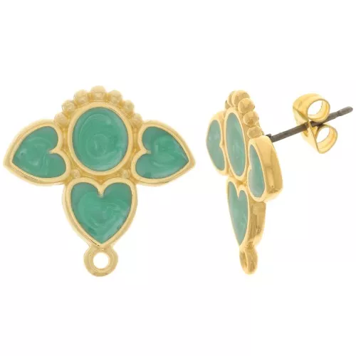 20mm earStuds hearts with vitrail epoxy resin - Fine Gold plated - pearl Green x2