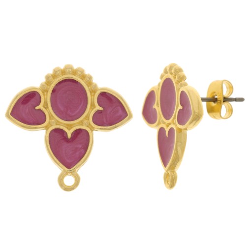 20mm earStuds hearts with vitrail epoxy resin - Fine Gold plated - Pearl Plum x2