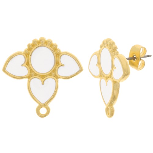 20mm earStuds hearts with vitrail epoxy resin - Fine Gold plated - White x2