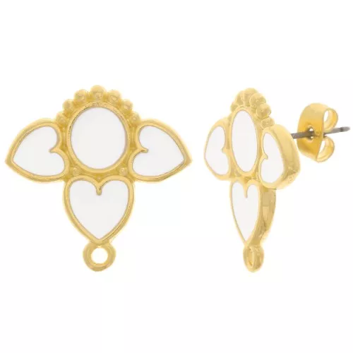 20mm earStuds hearts with vitrail epoxy resin - Fine Gold plated - White x2