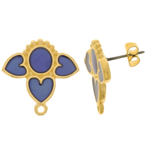 20mm earStuds hearts with vitrail epoxy resin - Fine Gold plated - Blue x2