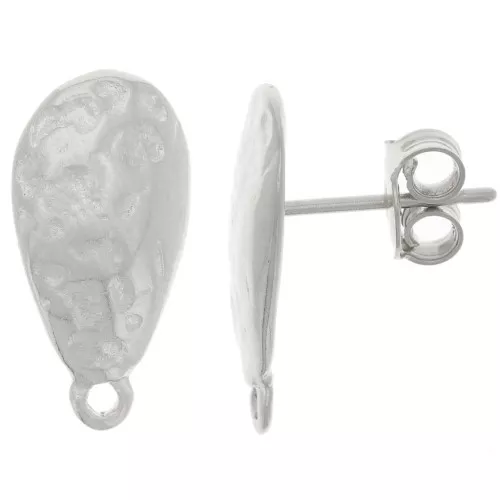 18x9mm Hammered drop earstuds with closed ring - Antique Silver Tone x2