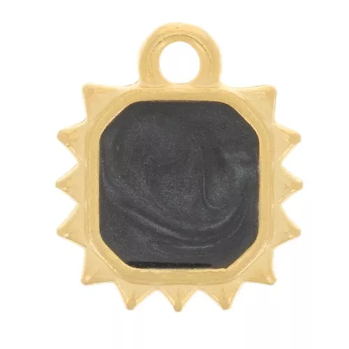 12x10mm Octagonal sun charm - epoxy resin - Fine Gold plated - pearl black x1