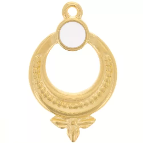 15mm Textured ethnic pendant with vitrail epoxy resin - Gold Plated - White x1
