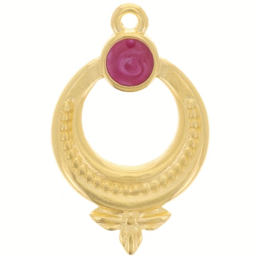 15mm Textured ethnic pendant with vitrail epoxy resin - Gold Plated - Plum x1