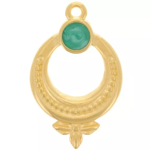 15mm Textured ethnic pendant with vitrail epoxy resin - Gold Plated - Green x1